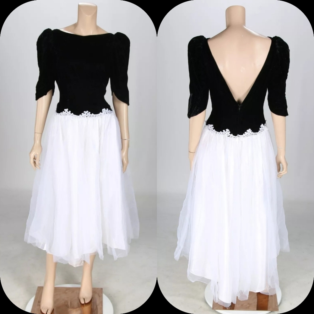 Dance Allure Vintage 80s Black & White Bridesmaid Party Prom Dress sz 11/12
